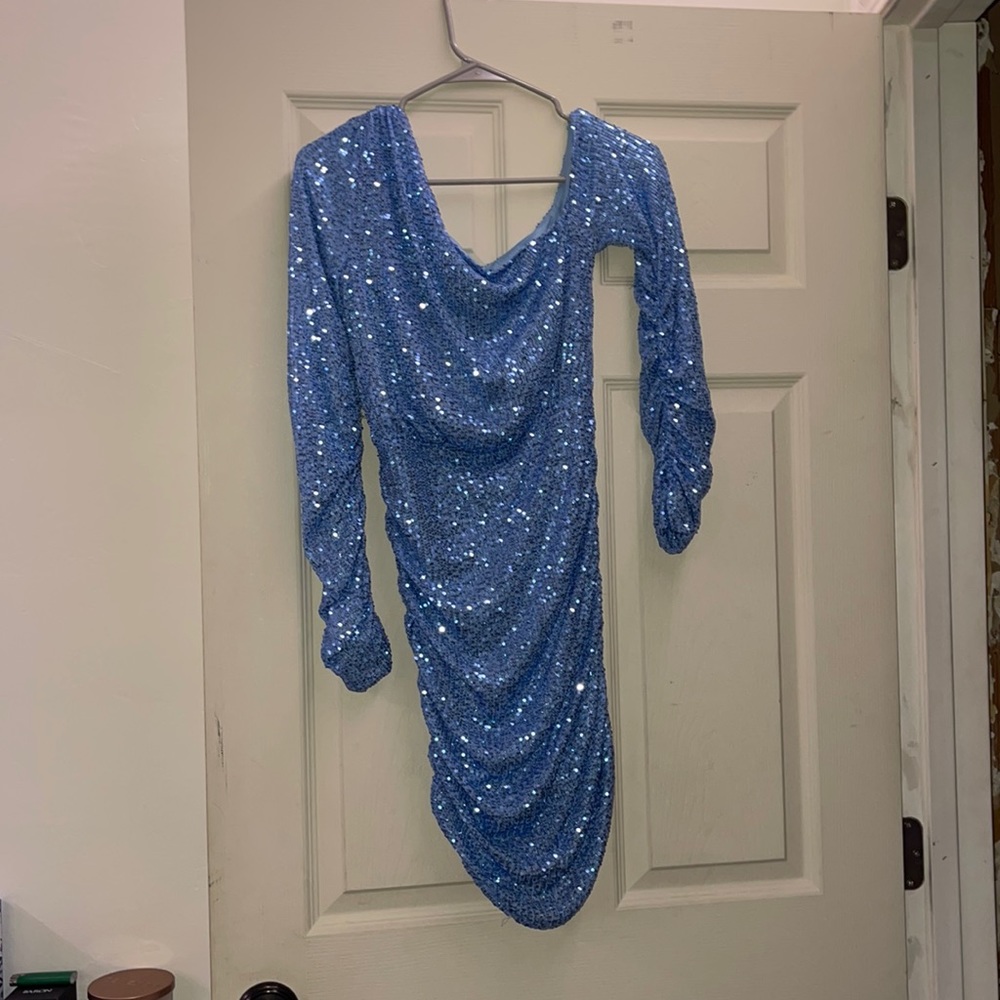 light Blue sparkle off the shoulder